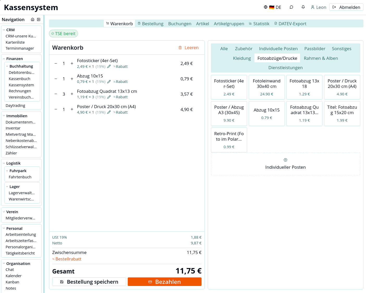 CAMODEX Kassensystem — Desktop-Ansicht