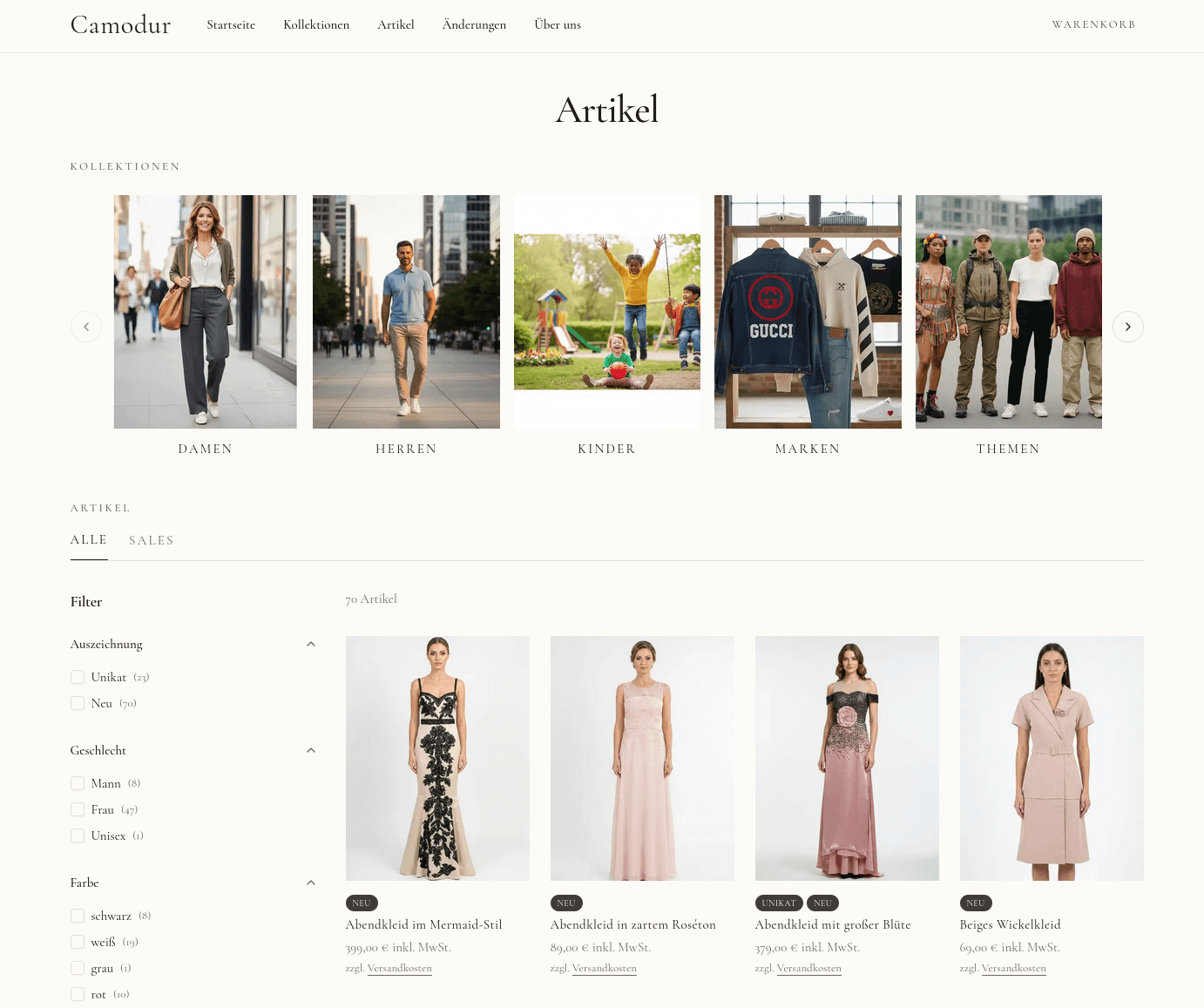 Screenshot des CAMODUR Onlineshops